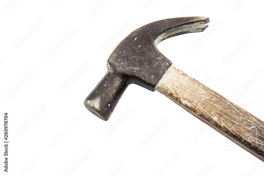 Closeup steel hammer head and wooden handle for woodwork that has been used for a long time isolated on white background. Closeup steel hammer head and wooden handle for woodwork that has been used for a long time isolated on white background.