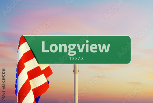 Longview – Texas. Road or Town Sign. Flag of the united states. Sunset oder Sunrise Sky. 3d rendering photo