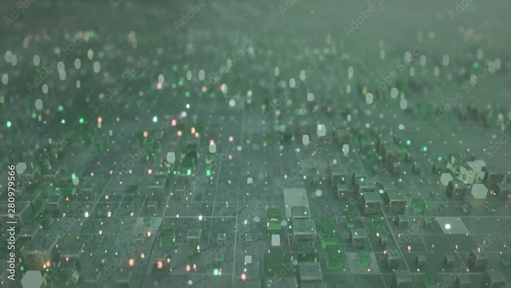 Array of cubes and digital computer code. Futuristic internet technology or schematic design concept. Abstract science fiction construction with anamorphic bokeh lights. Seamless loop 3D render animat