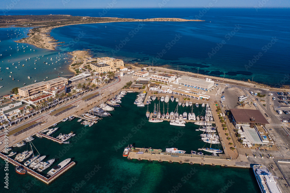 Beautiful turquoise bay at Formentera, aerial view.