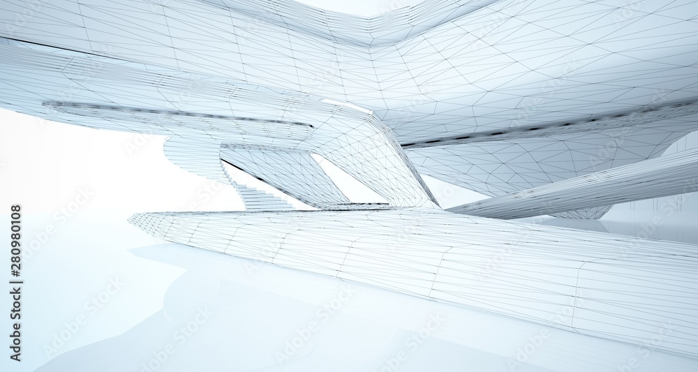 Drawing abstract architectural white interior of a minimalist house with large windows. 3D illustration and rendering. Drawing abstract architectural white interior of a minimalist house with large windows. 3D illustration and rendering.