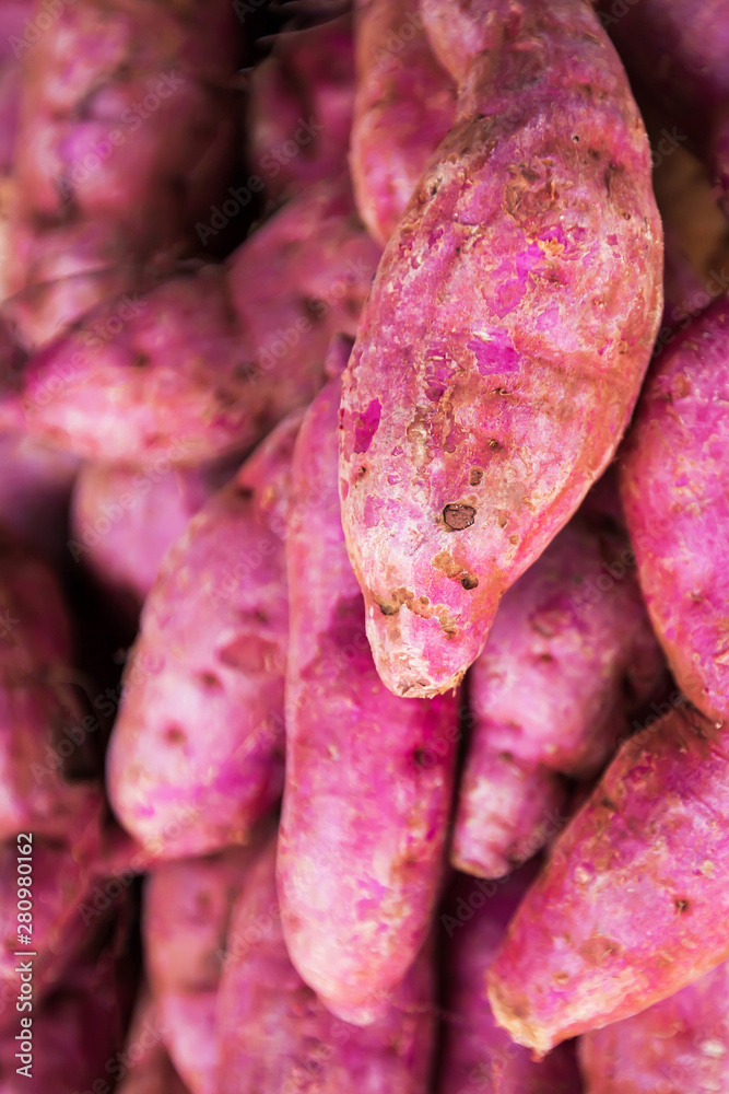Fresh purple colored Sweet Potatoes stack. Fresh purple colored Sweet Potatoes stack.