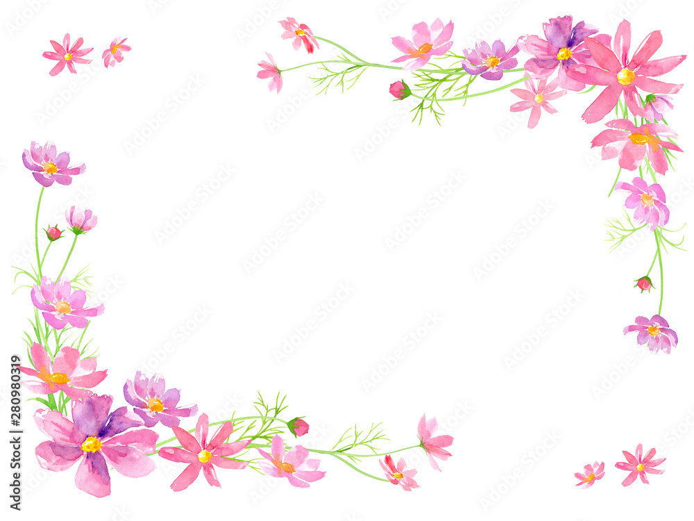 コスモスの花の水彩イラストで装飾したフレーム、メッセージカード