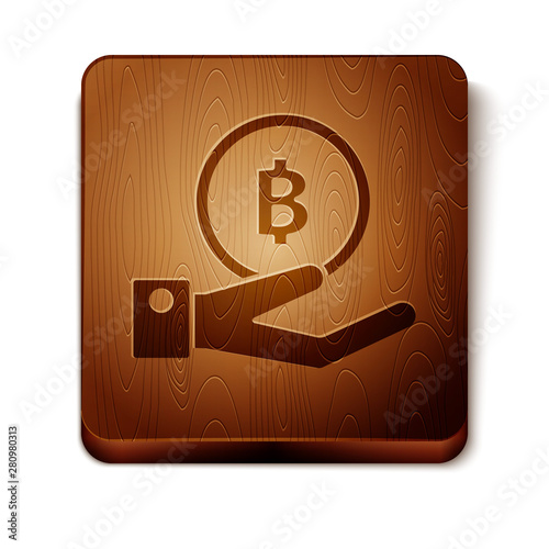 Brown Hand holding Bitcoin icon isolated on white background. Blockchain technology, digital money market, cryptocoin wallet. Wooden square button. Vector Illustration