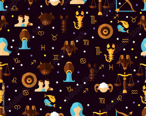 Vector flat seamless texture pattern Astrological Zodiac.