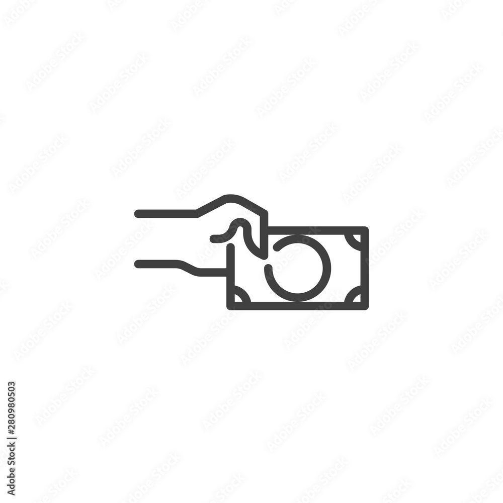 Hand with money line icon. linear style sign for mobile concept and web design. Hand give dollar bill outline vector icon. Payment symbol, logo illustration. Vector graphics Hand with money line icon. linear style sign for mobile concept and web design. Hand give dollar bill outline vector icon. Payment symbol, logo illustration. Vector graphics