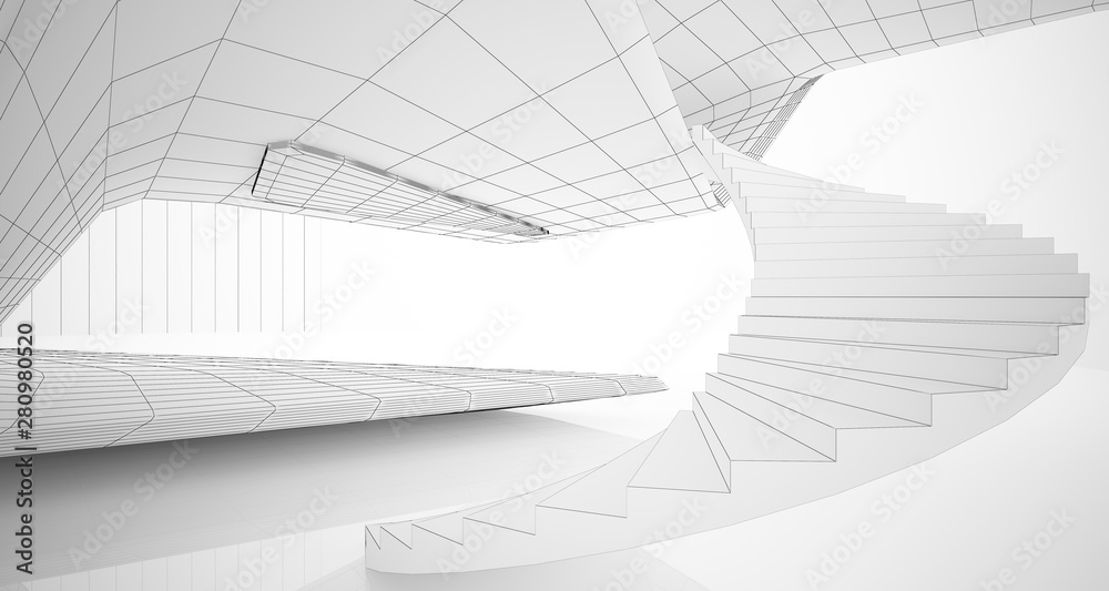 Fototapeta premium Drawing abstract architectural white interior of a minimalist house with large windows. 3D illustration and rendering.