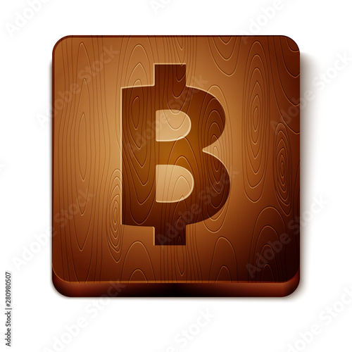 Brown Cryptocurrency coin Bitcoin icon isolated on white background. Physical bit coin. Blockchain based secure crypto currency. Wooden square button. Vector Illustration