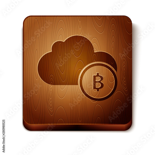 Brown Cryptocurrency cloud mining icon isolated on white background. Blockchain technology, bitcoin, digital money market, cryptocoin wallet. Wooden square button. Vector Illustration