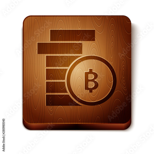 Brown Cryptocurrency coin Bitcoin icon isolated on white background. Physical bit coin. Blockchain based secure crypto currency. Wooden square button. Vector Illustration