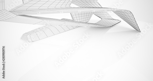 Drawing abstract architectural white interior of a minimalist house with large windows. 3D illustration and rendering.