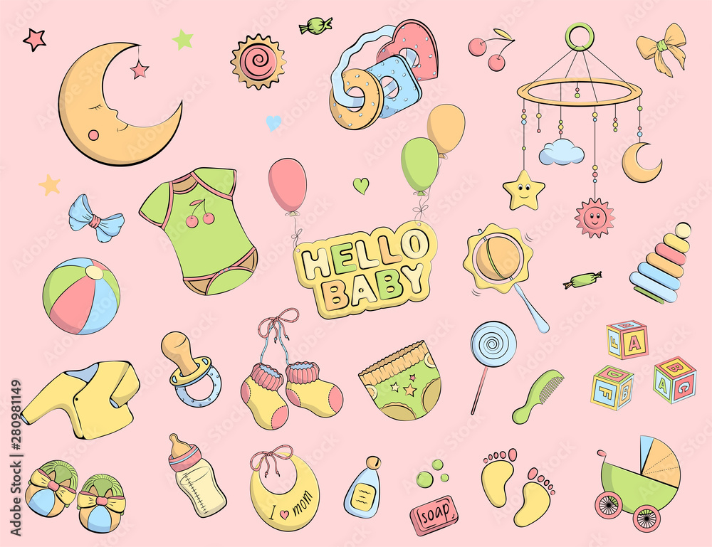 Newborn infant themed doodle set. Newborn infant themed doodle set.