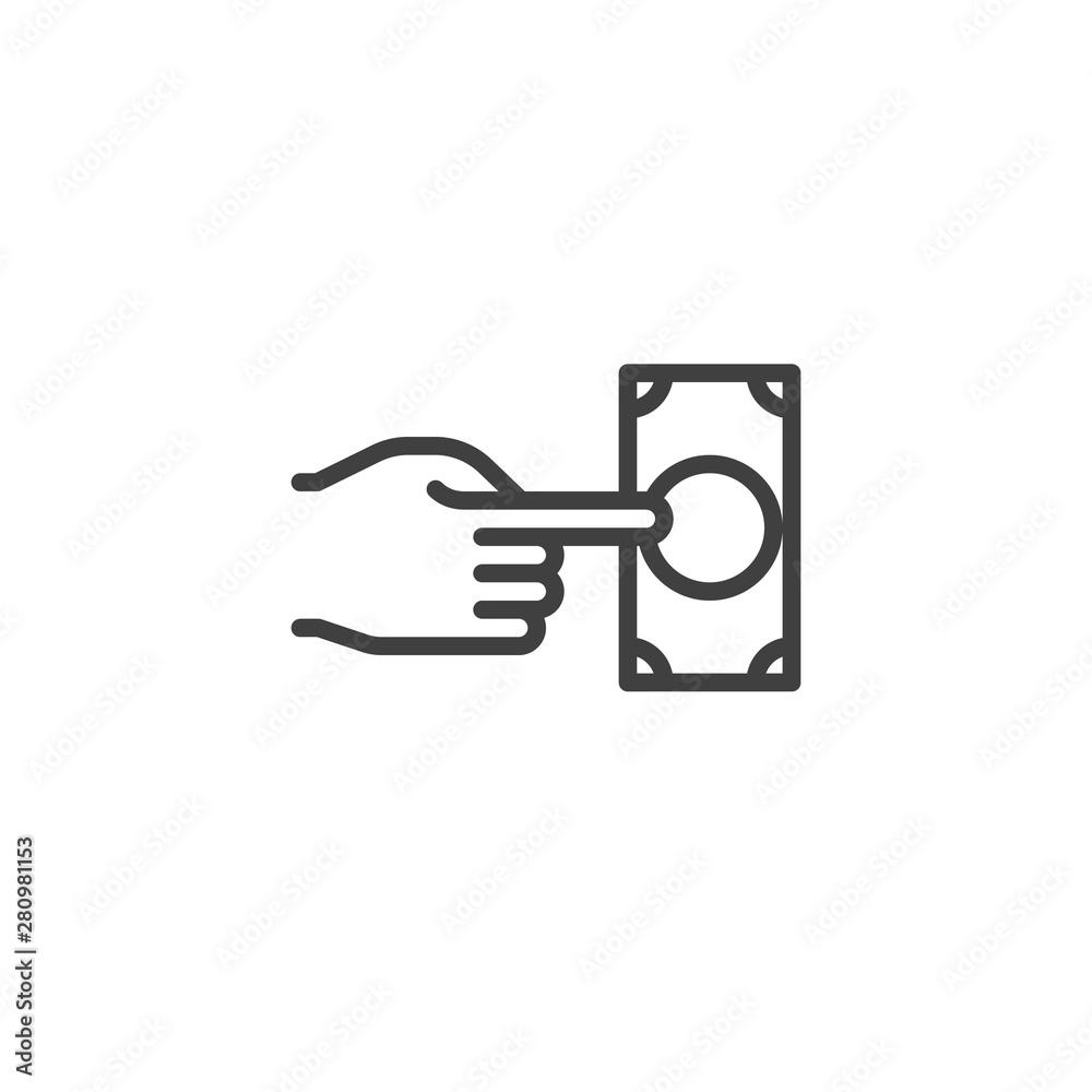 Hand with money bill line icon. linear style sign for mobile concept and web design. Payment method outline vector icon. Symbol, logo illustration. Vector graphics Hand with money bill line icon. linear style sign for mobile concept and web design. Payment method outline vector icon. Symbol, logo illustration. Vector graphics