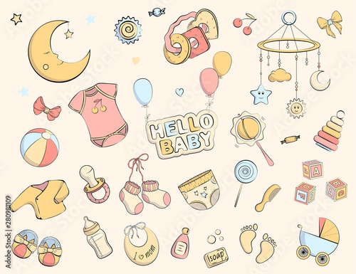 Newborn infant themed doodle set.