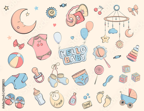 Newborn infant themed doodle set.