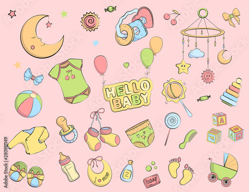 Newborn infant themed doodle set.