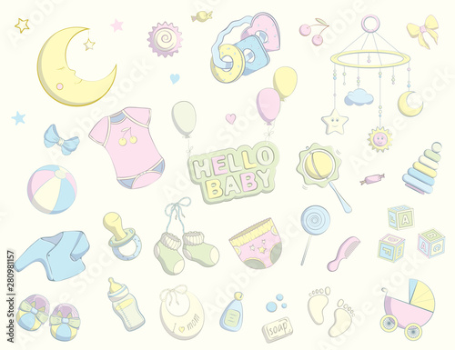 Newborn infant themed doodle set.