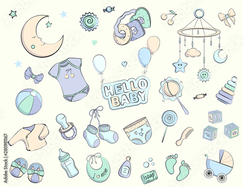 Newborn infant themed doodle set.