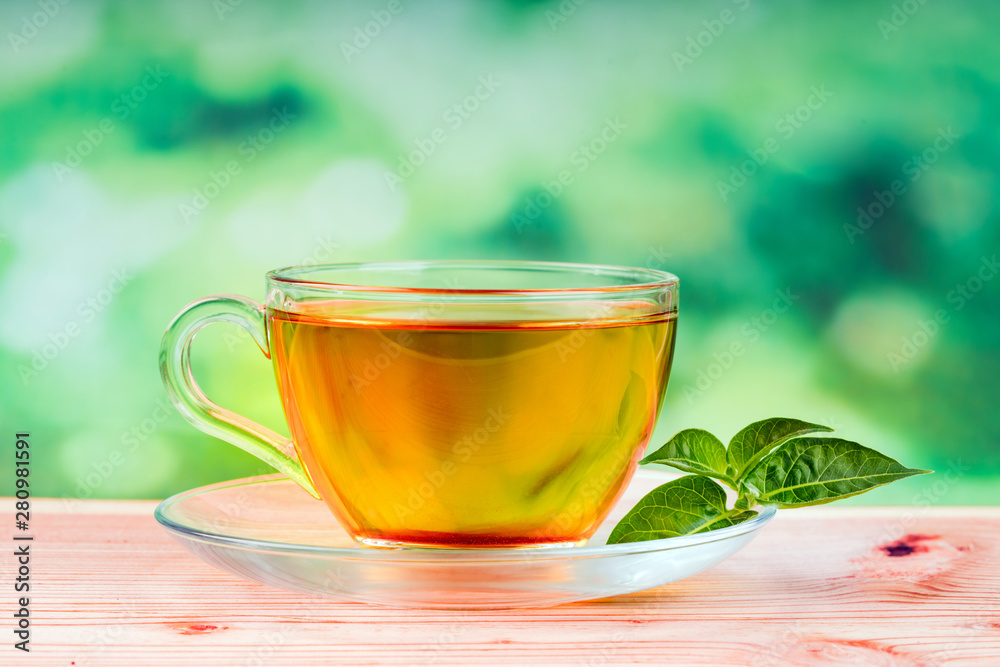 herbal tea bag and green background