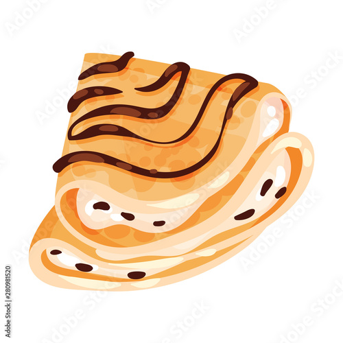 Pancake is folded in a triangle shape. Decorated with liquid chocolate. Vector illustration on white background.