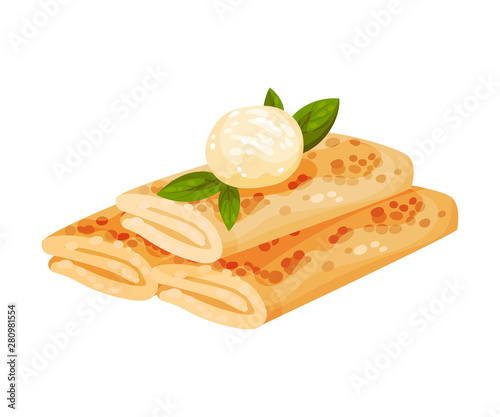 Pancakes in the form of a roll. Vector illustration on white background.