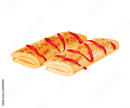 Pancakes in the shape of a roll decorated with jam. Vector illustration on white background.