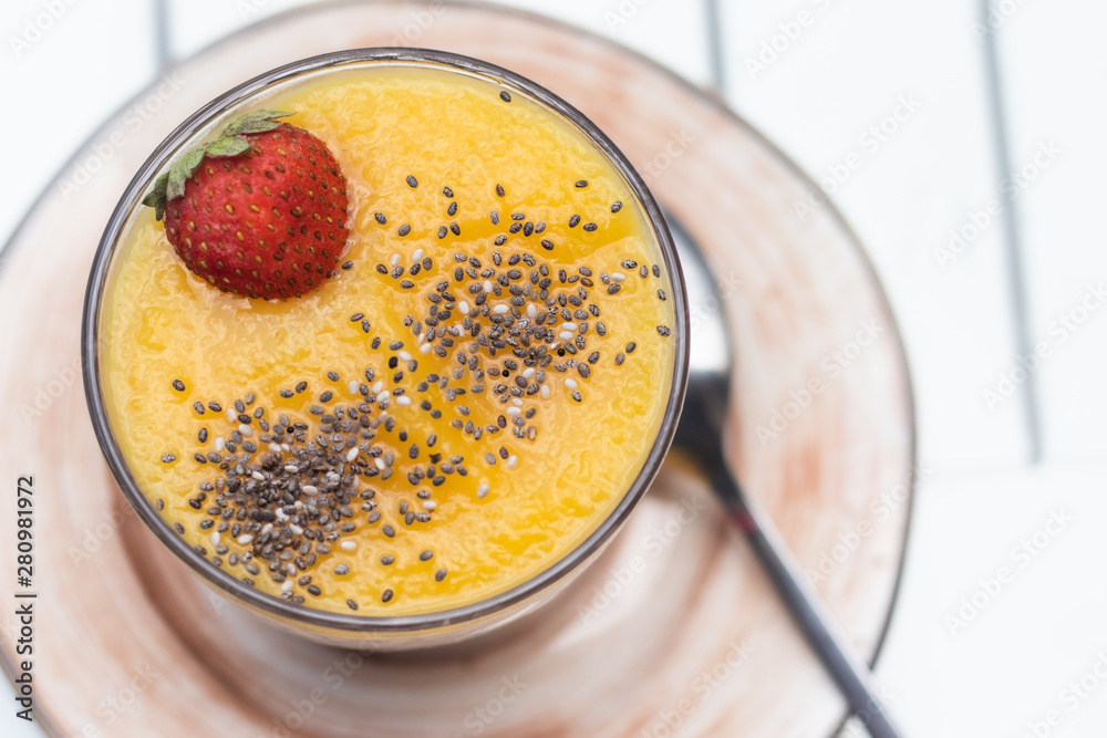 Chia seed pudding with strawberry. Healthy food. Light background.