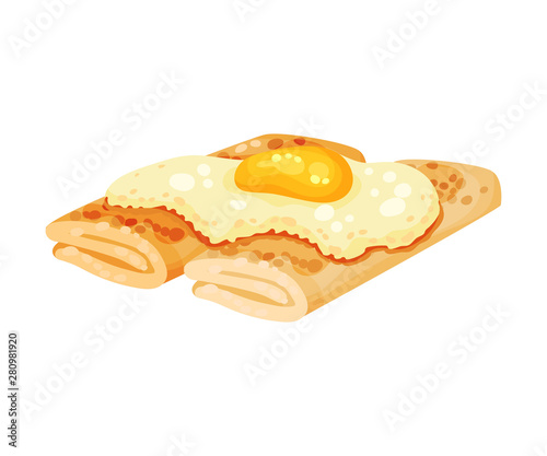 Pancakes with fried egg. Vector illustration on white background.