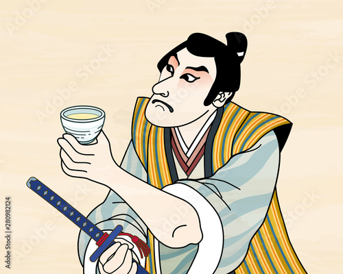 Ukiyo e kabuki actor enjoying sake