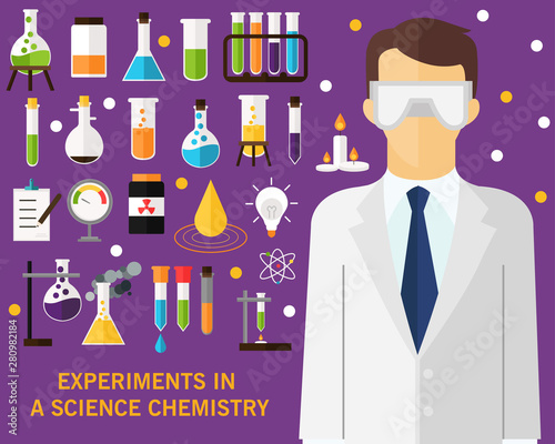experiments in a science chemistry concept background. Flat icons.