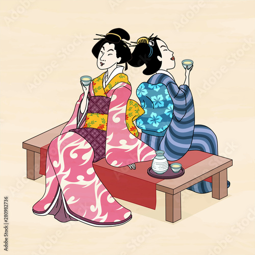 Ukiyo e style geisha enjoying sake