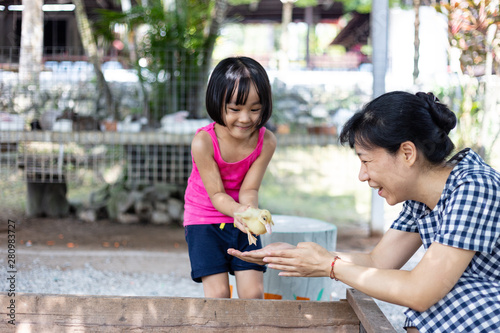 Asian Little Chinese Girl and mother playing wirh duck