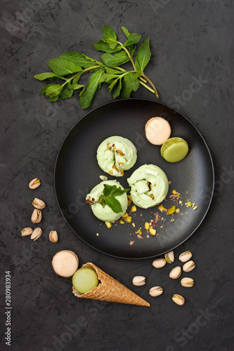 Pistachio ice cream flavored with  mint leaves