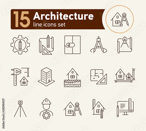 Architecture line icon set. Pencil, ruler, floor plan, building project. Architecture concept. Can be used for topics like house design, construction, engineering, measurement