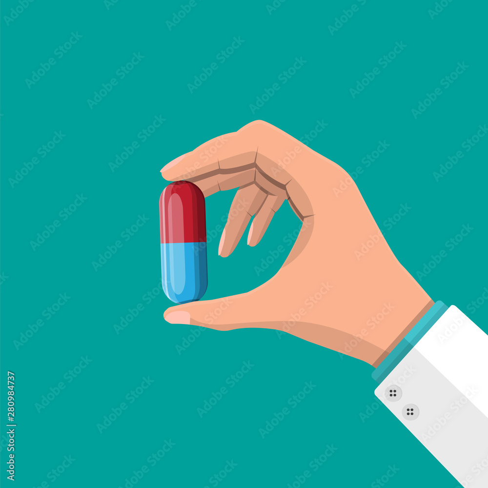 Big pill for illness and pain treatment in hand of doctor. Medical drug, vitamin, antibiotic. Healthcare and pharmacy. Vector illustration in flat style Big pill for illness and pain treatment in hand of doctor. Medical drug, vitamin, antibiotic. Healthcare and pharmacy. Vector illustration in flat style