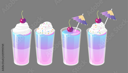 Set of jelly shots with cream, cocktail umbrella and cherry on top. Fresh sweet drink ads concept. Vector collection isolated on gray background.