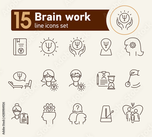 Brain work line icon set. Human head, gear, psychologist office. Psychology concept. Can be used for topics like psychoanalysis, mental activity, science