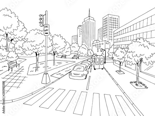 Street road graphic black white city landscape sketch illustration vector