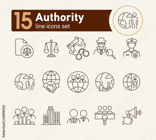 Authority line icon set. Police officer, detective, globe, handshake. Authority concept. Can be used for topics like foreign relations, politics, human right court