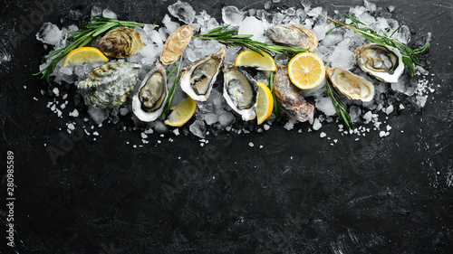 Oyster with lemon on ice. Seafood. Top view. On a black background. Free copy space. photo
