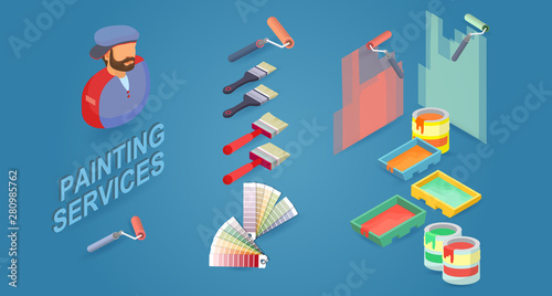 Construction worker, brushes, rollers, paint samples, and pallets. Vector.
