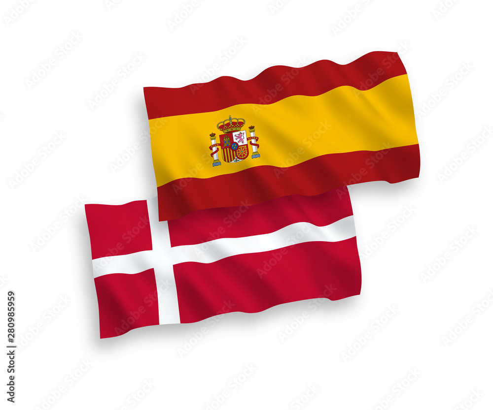 Fototapeta premium National vector fabric wave flags of Denmark and Spain isolated on white background. 1 to 2 proportion.