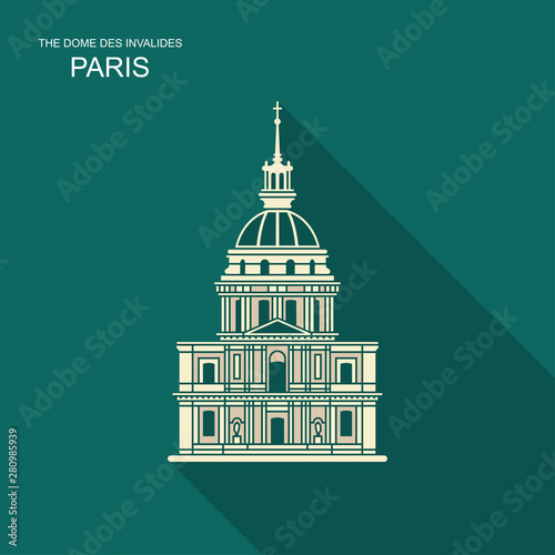 Image of the house of invalides in Paris. Flat icon with long shadow