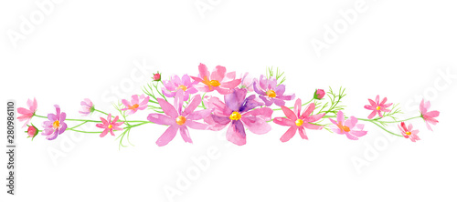 コスモスの花の装飾ラインフレーム 水彩イラスト © Keiko Takamatsu