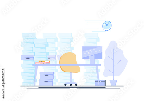 Empty business man's office with a pile of documents. Vector illustration - Vector illustration.