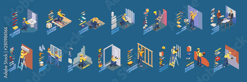Home repair isometric icons set with workers, tools. Vector.