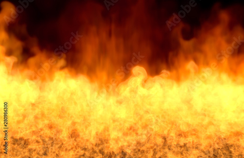 Flame from picture bottom - fire 3D illustration of misty burning explosion, sylized frame isolated on black background