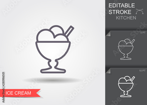 Ice cream in the vase. Line icon with editable stroke with shadow