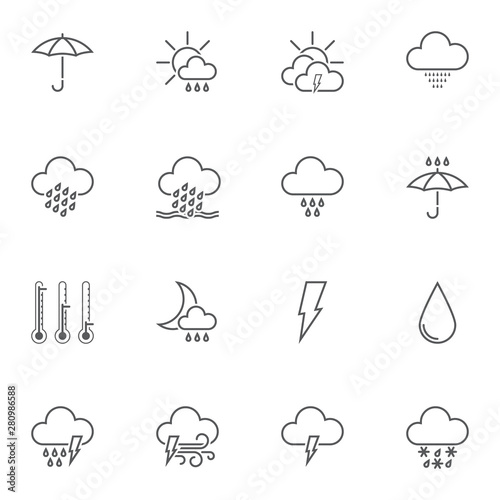 Weather line icons set. linear style symbols collection, outline signs pack. vector graphics. Set includes icons as cloud, rain, snow, thermometer, storm, umbrella, wind, hurricane sun thunderstorm