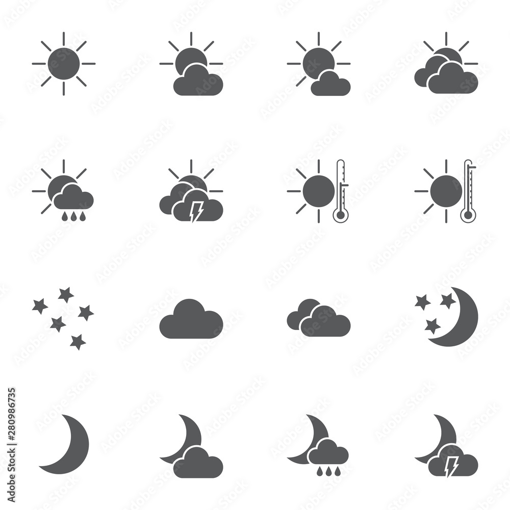 Abstract weather vector icons set, modern solid symbol collection, filled style pictogram pack. Signs, logo illustration. Set includes icons as clear night, cloudy day, overcast, thermometer, clouds